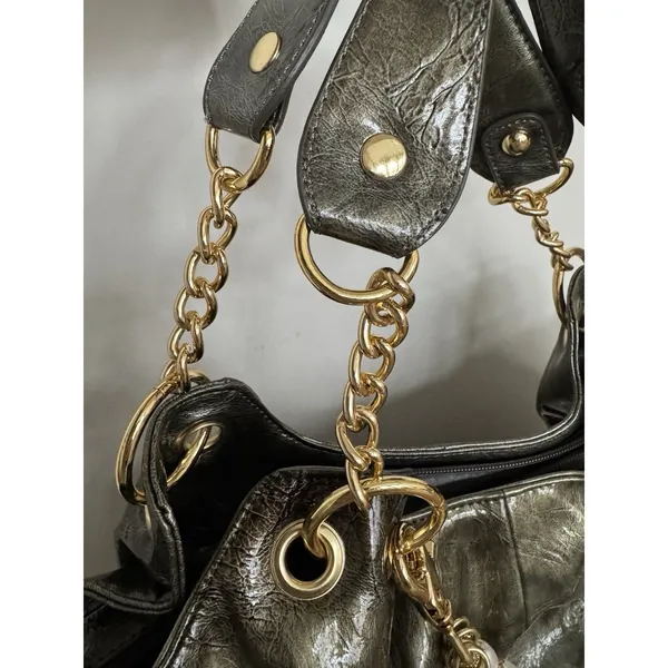 Women's Y2K Slouchy Hobo Patent Leather & Gold Chunky‎ Charm Green Purse Handbag - Image 4