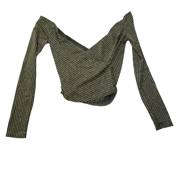 Reformation Gold Metallic Off Shoulder Wrap Crop Top Black Shimmer Long Sleeve S - Image 7
