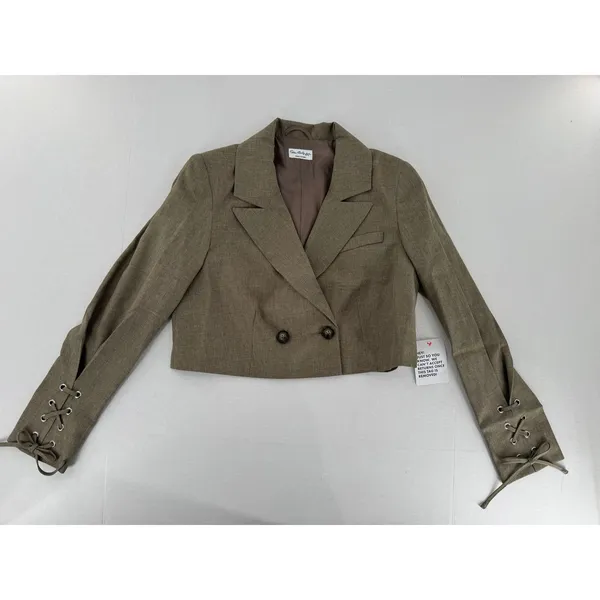 Miss Selfridge ASOS Cropped Blazer US 4 Taupe Double Breasted Lace Up Sleeves - Image 7