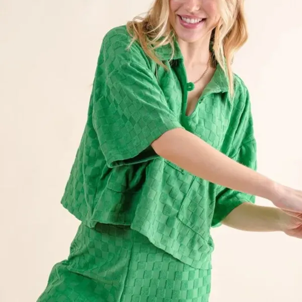 ✨NWT And The Why Brushed Texture‎ Checker Board Pattern Casual Top Green Size M - Image 3