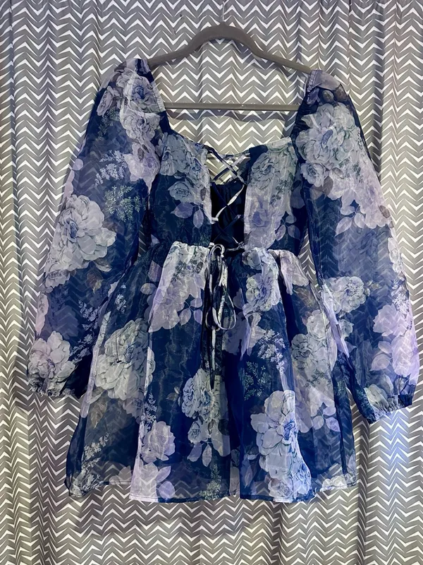NWT Lulus | Positively Enchanting Blue Floral Organza Bustier Mini Dress, Small - Image 7