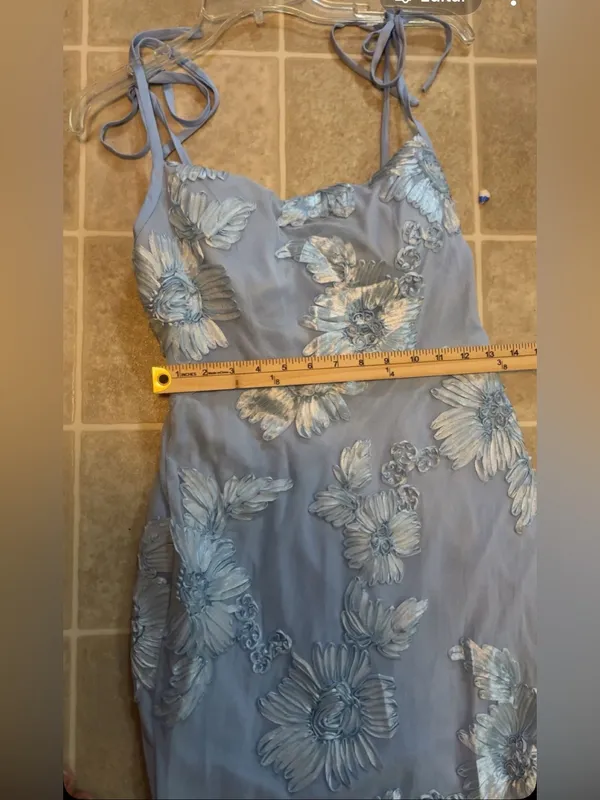 Light Blue Floral Appliqué Maxi Dress with Tie Shoulders - Image 5
