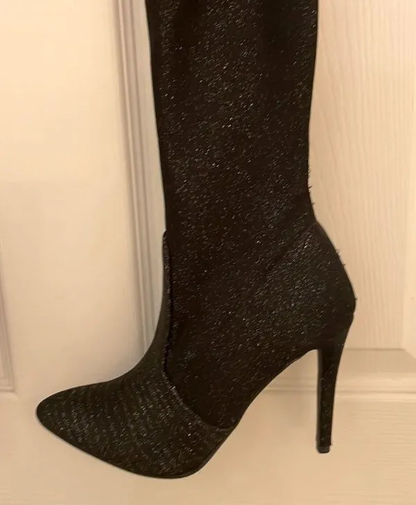 Jacobies Black Shimmer Thigh High Stiletto Boots - Image 8