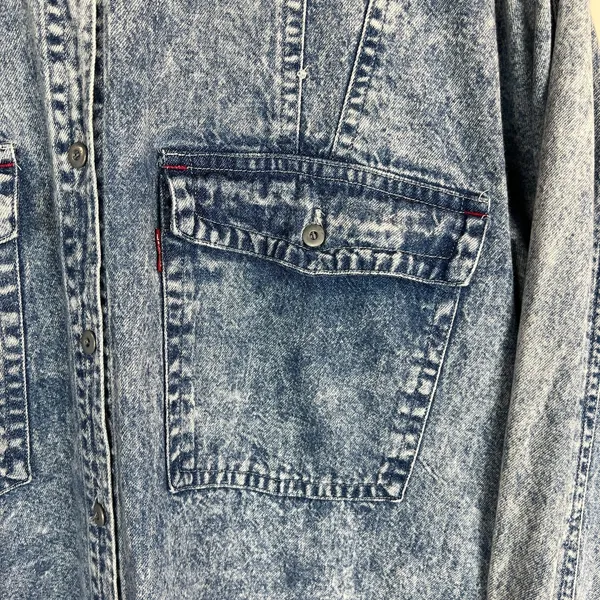 Vintage 80s Levis Sportswear Acid Wash‎ Denim Button Up Shirt Small Sequin Bow S - Image 5