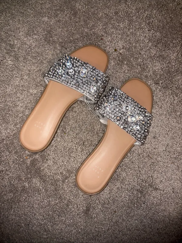 A new day beach bridal Embellished Rhinestone Slide Sandals in Silver 10W - Image 2