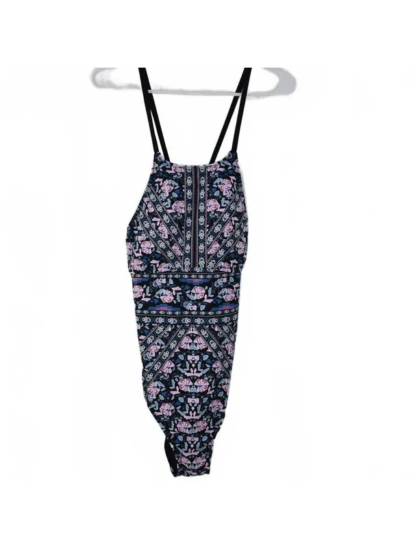 Mossimo Pink Blue Black Floral Criss Cross Back One Piece Swimsuit Size Medium - Image 3