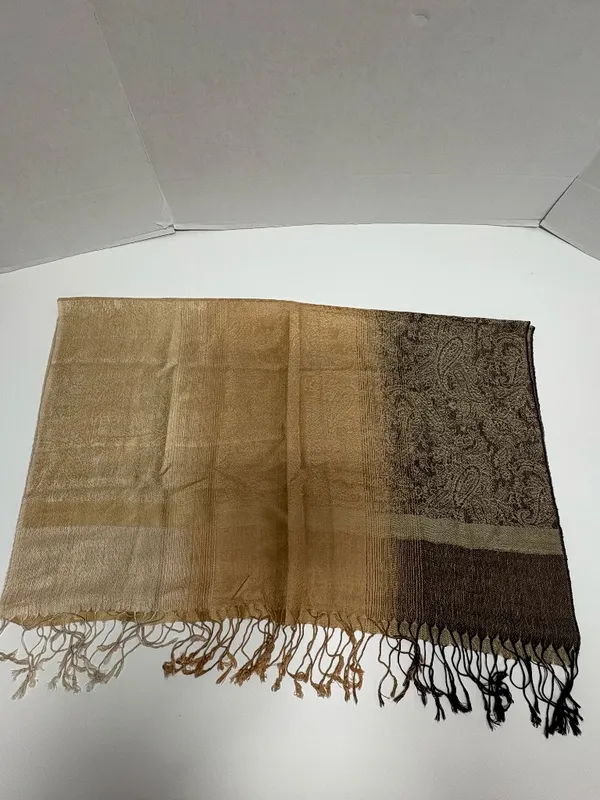 Gold and Black Paisley Pashmina Shawl With Fringes - 71" x 28"‎ - NEW In Bag. - Image 6