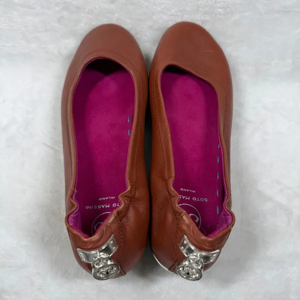 Soto Massini Milano Cognac Brown Leather Ballet Flats Silver Padlock Heel Sz9-10 - Image 6