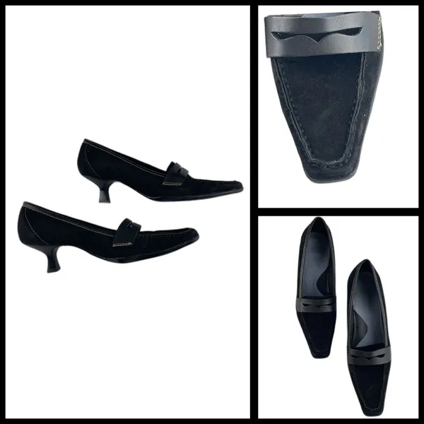 Aerosoles Black Suede Loafer‎ Women's 9.5M Square Toe Low Kitten Heel Shoes - Image 2