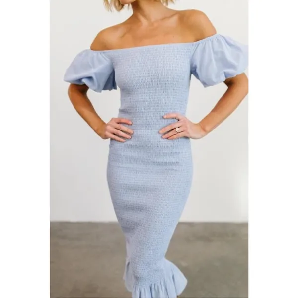 Baltic Born Alana Smocked Puff Sleeve Off the Shoulder Midi Light Blue Large - Image 2