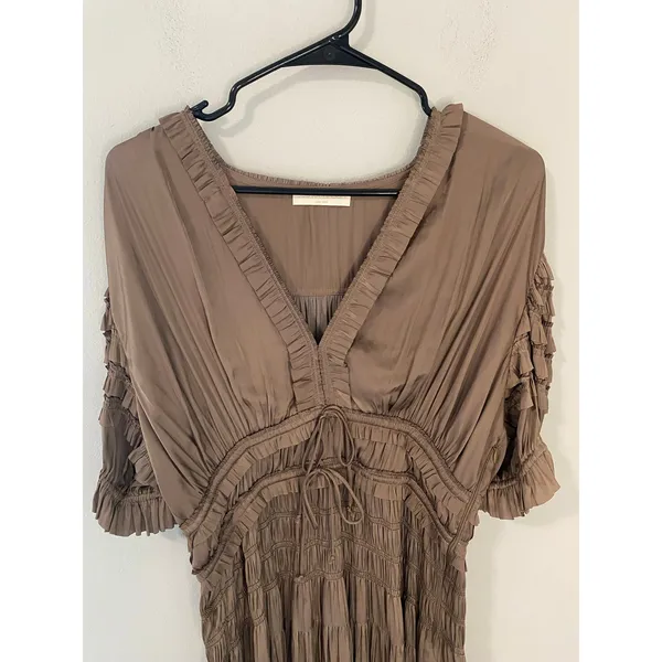 Ulla Johnson Taupe Ruched Ruffle Midi Dress Boho Size 8 - Image 4