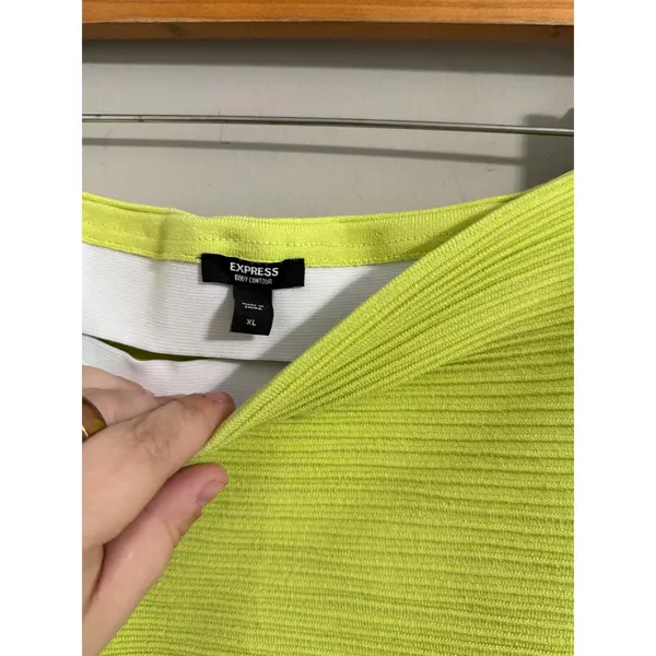Express Body Contour Mini Skirt Womens XL‎ Neon Lime Green Ribbed Knit Stretch - Image 4