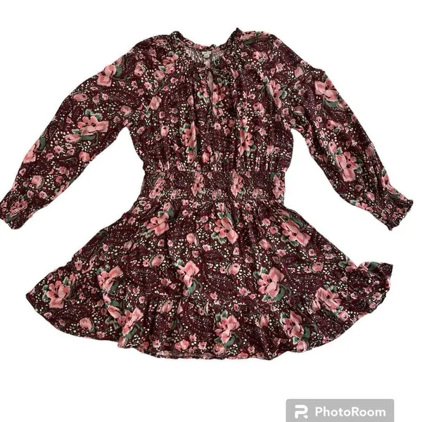 Aerie burgundy floral mini dress, gathered waist & cuffs, size L - Image 2
