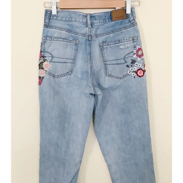 American Eagle Mom Jeans Embroidered Ripped High Waist Ankle Light Wash 00 - Image 6