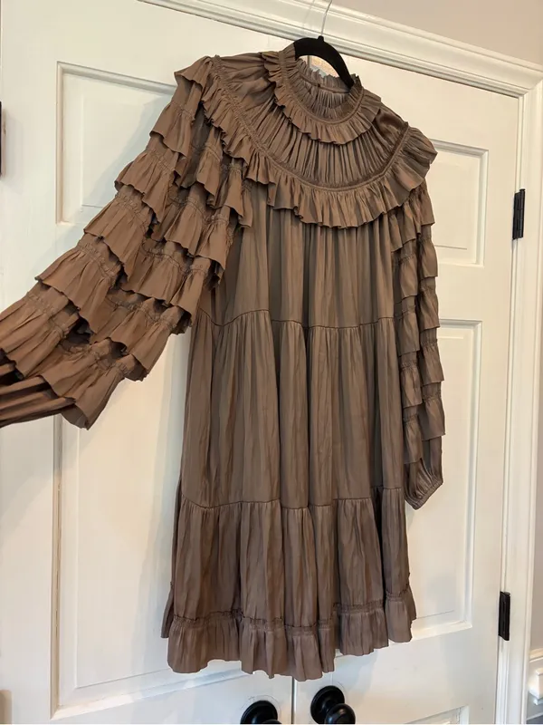 Ulla Johnson Elsa Mini Dress Mica Taupe Ruffled Tiered Satin Size Medium Large - Image 5