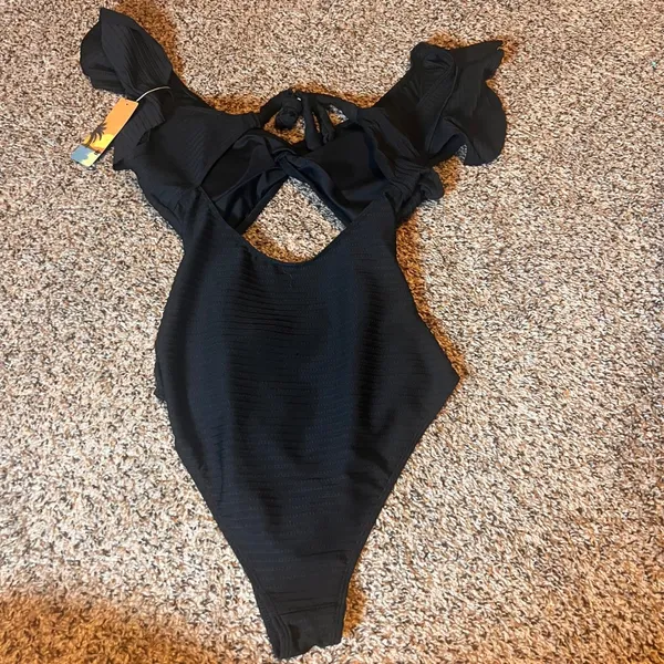 Musemaker One Piece Swimsuit Ruffle Sleeves Ruched Black Swimwear Medium - Image 4