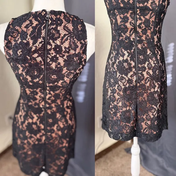 French Connection Floral Lace Sleeveless Mini Cocktail Dress Womens 4 Black Nude - Image 6