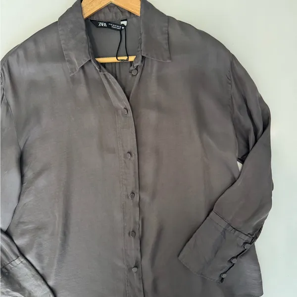 Zara Button Down Shirt Long Sleeve‎ Collared Blouse Top Gray Size M - Image 2