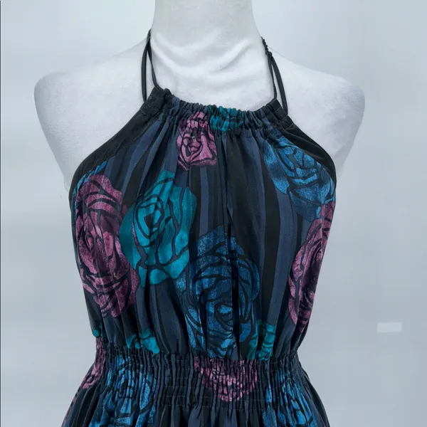 DKNY Jeans Black Fabric Floral Silk Satin Halter Dress Backless Dress Size Large - Image 4