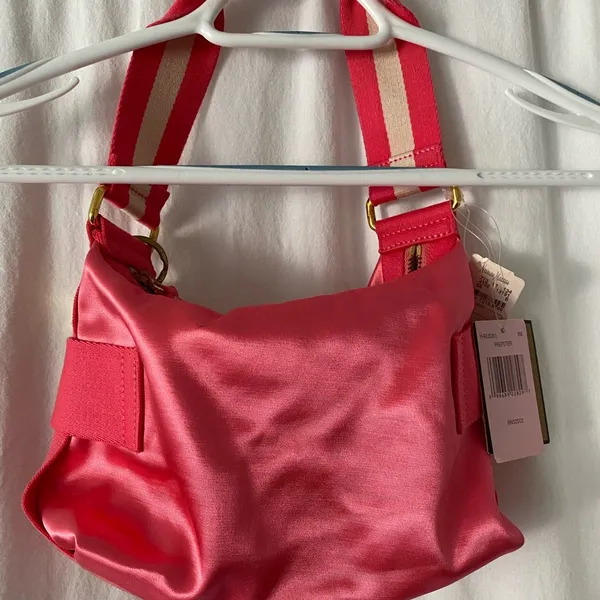 Satin pink shoulder gold chain Transparent Pocket In Front S -NWT - Image 9