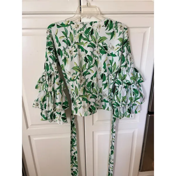 Boston Proper Floral Leaf Print Tiered Ruffle Sleeve Wrap Top Green White S - Image 6
