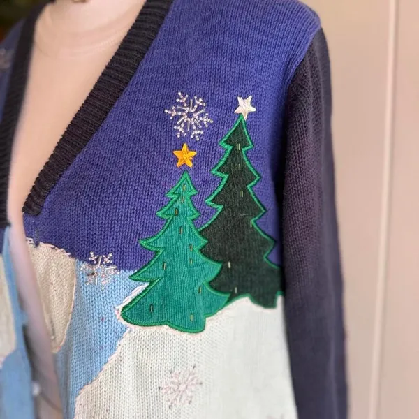 The Quacker Factory Ugly Christmas Sweater Snowmen Cardigan Women's Size Large - Image 4