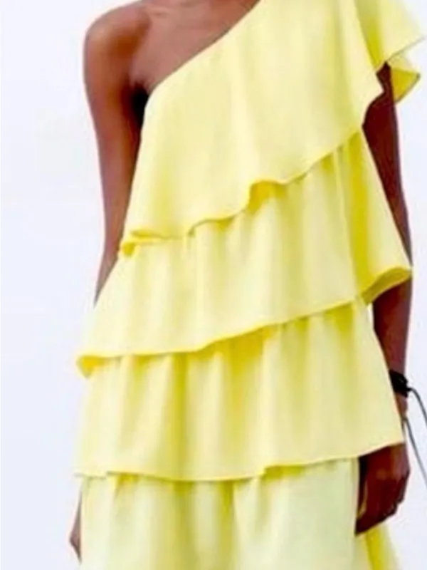Zara One-Shoulder Layered Ruffle Dress in Lemon Yellow - Image 2