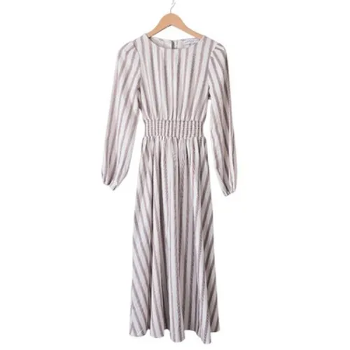 Petal & Pup Striped Smocked Waist Linen Blend Midi Dress Burgundy Neutral XL NEW - Image 2