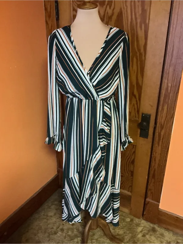 Jodifl Striped Faux Wrap Ruffle Midi Dress Size Medium Green Rust Boho - Image 8