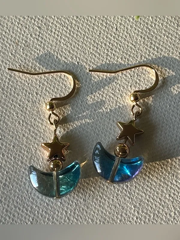 Handmade Gold Star Drop Earrings with Blue Crescent Moon - Image 2