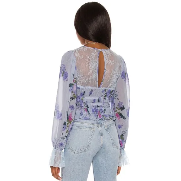 Free People Daphne Sliver Blue Floral Boho Smocked Lace Blouse Medium NWT $128 - Image 2