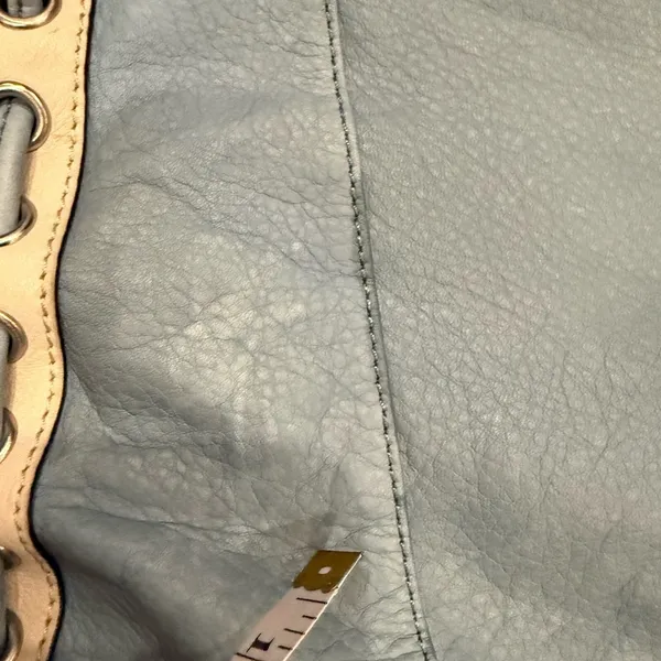 B. Makowsky Blue and Cream Shoulder leather laptop message Bag leopard lining - Image 11