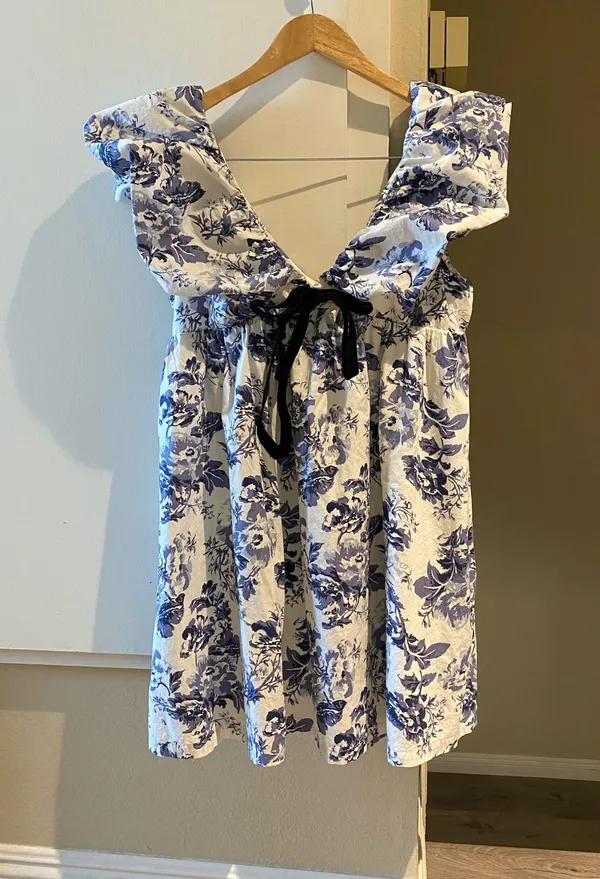 O.P.T blue and white floral mini dress, cotton, lined, size M - Image 2