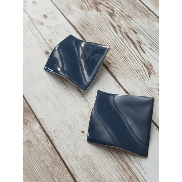 Vintage Earrings Large Wavy Square Dark Blue Earrings for Pierced Ears - Image 2