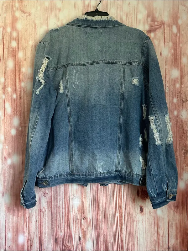 Ci Sono Blue Medium Wash Distressed Boyfriend Oversized Denim Jacket Size M - Image 8