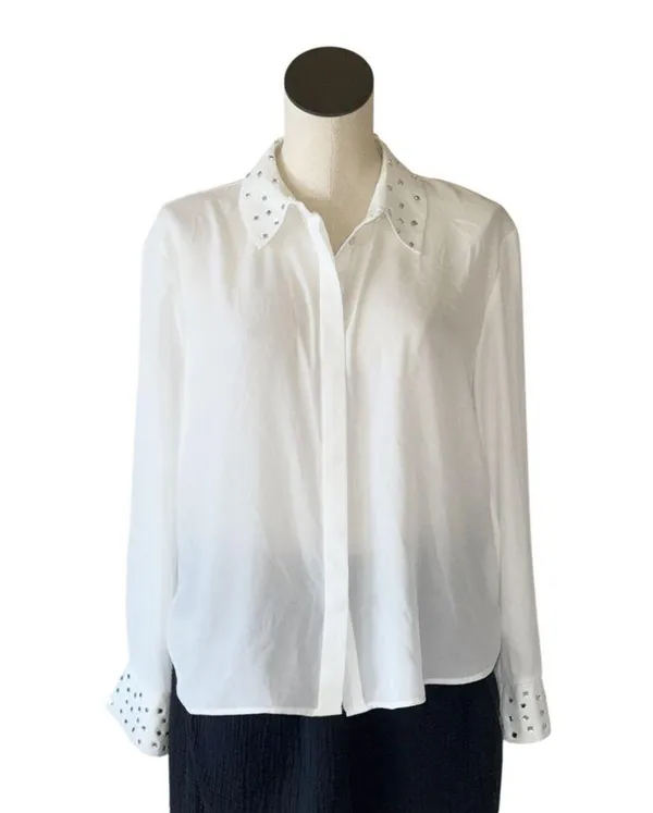 NWT ZARA Embellished Long Sleeve Chiffon Button Up Shirt White Medium - Image 6