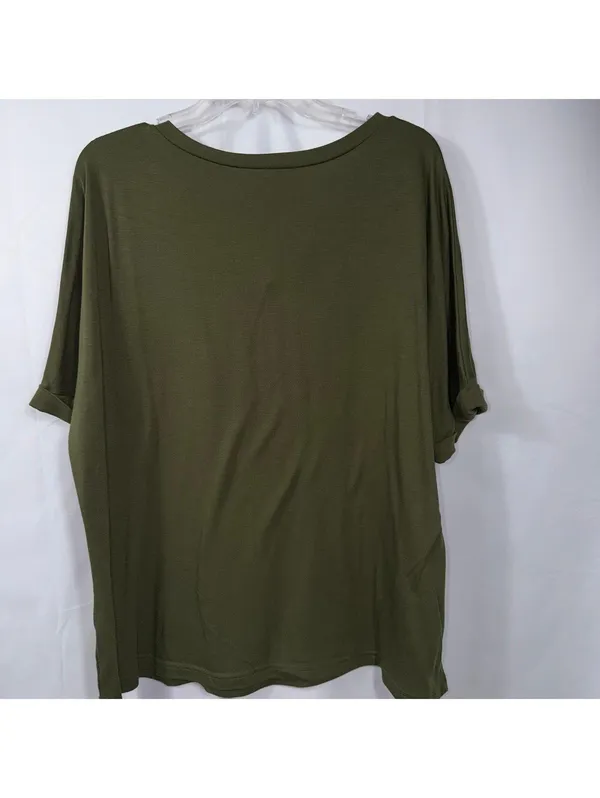 Womens XL Olive Green V Neck Pocket Tee Rolled Sleeve Stretch Casual Oversized T - Image 7