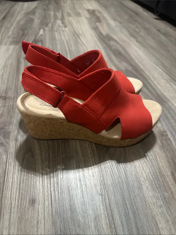 Clarks Red  Wedge Sandals with Cork Platform - Image 6