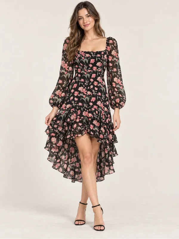 Lush XS Black Floral High Low Ruffle Dress Square Neck Puff Sleeve - Image 7