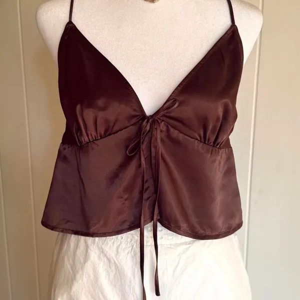 Divided Silky Brown Tie-Front Crop Top Women's Size Large - Image 3