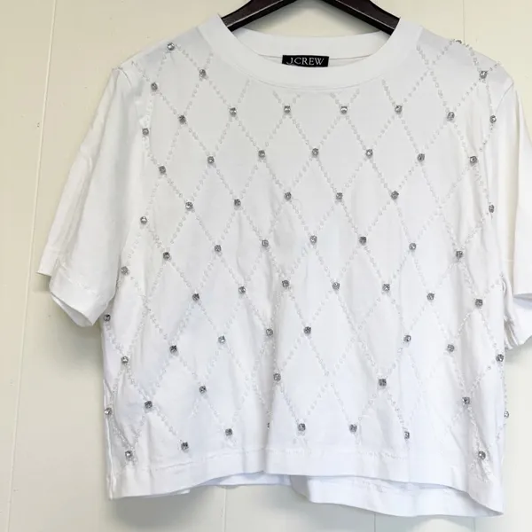 NWT J. CREW Relaxed Lattice Embellished Crop Tee White Small - Image 5