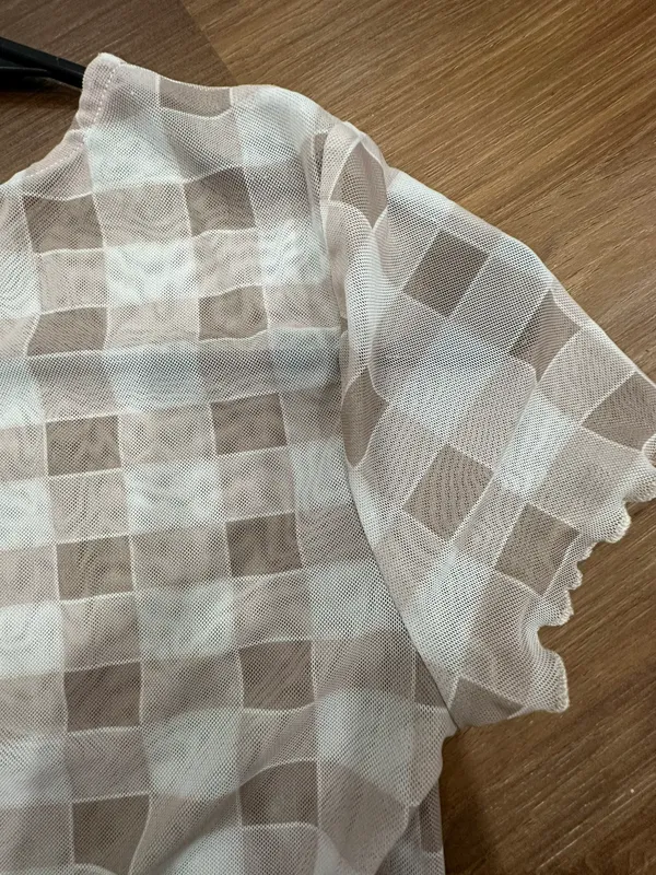 Checkered Mesh Crop Top Tan - Image 2