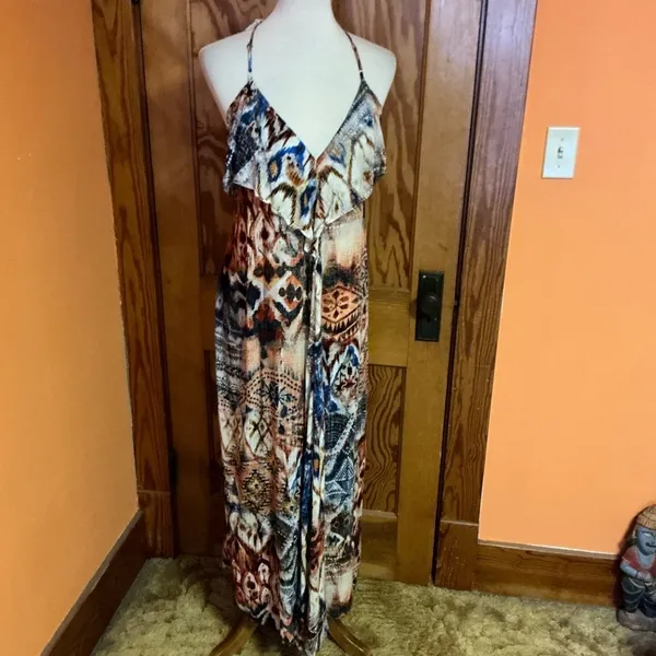 Lani Boho Plunging Maxi Dress Crochet Back Earthy Festival Hippie Chic Size M - Image 6