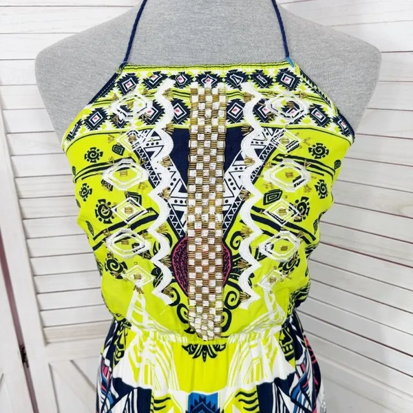 Alya Tribal Print Beaded Maxi‎ Halter Dress Neon Yellow Multicolor Small - Image 6