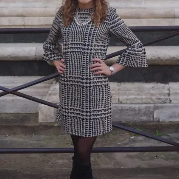Zara Houndstooth Check Bell Cuff Shift Mini Dress Black Cream Medium‎ - Image 4