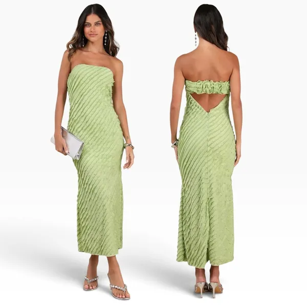 Lulus Faelyn Light Green Strapless Ruffled Midi Dress size Small NWT - Image 2