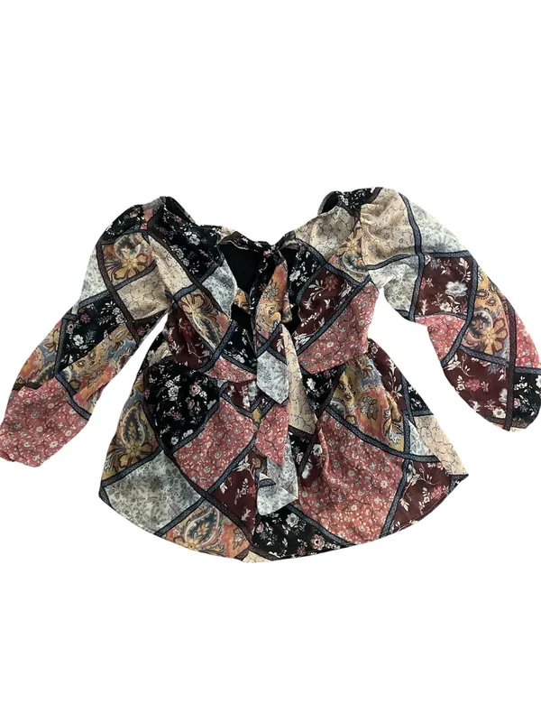 American Eagle Outfitters Patchwork Peasant Top - Black, Brown, Cream, Rust - Image 4