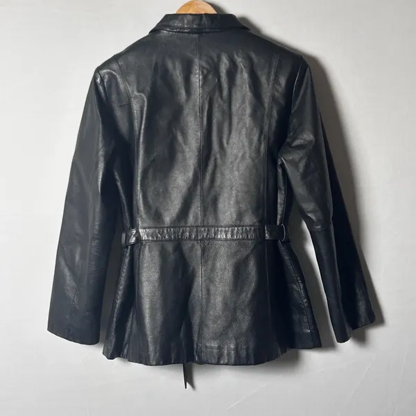 Vintage Outbrook Black Leather Jacket Womens Large Belted Zip Coat 90s - Image 12