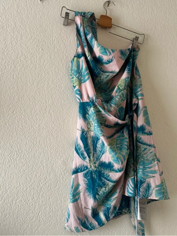 Cupshe Pink One-Shoulder Palm Print Tie-Waist Dress - Image 2