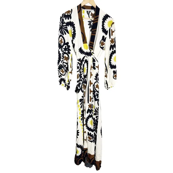 Zara White Floral Print Boho Blogger Favorite Resortwear Wrap Maxi Dress XS - Image 5